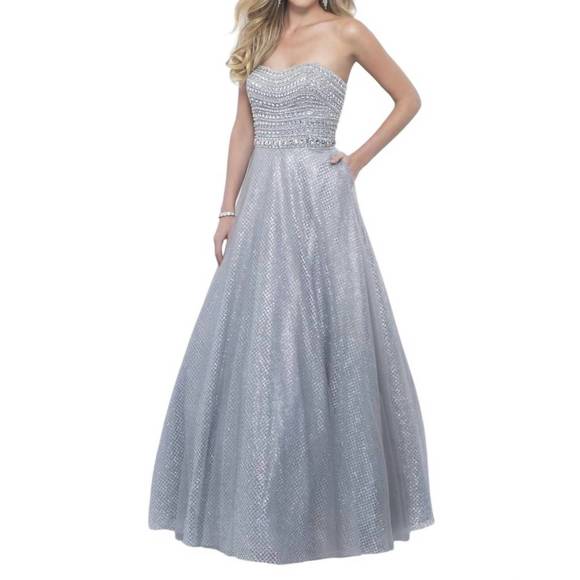 NEW BLUSH PROM bejeweled metallic tulle strapless gown in pewter